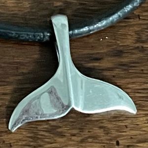 Silver Whale Tail Pendant on Black Leather Necklace